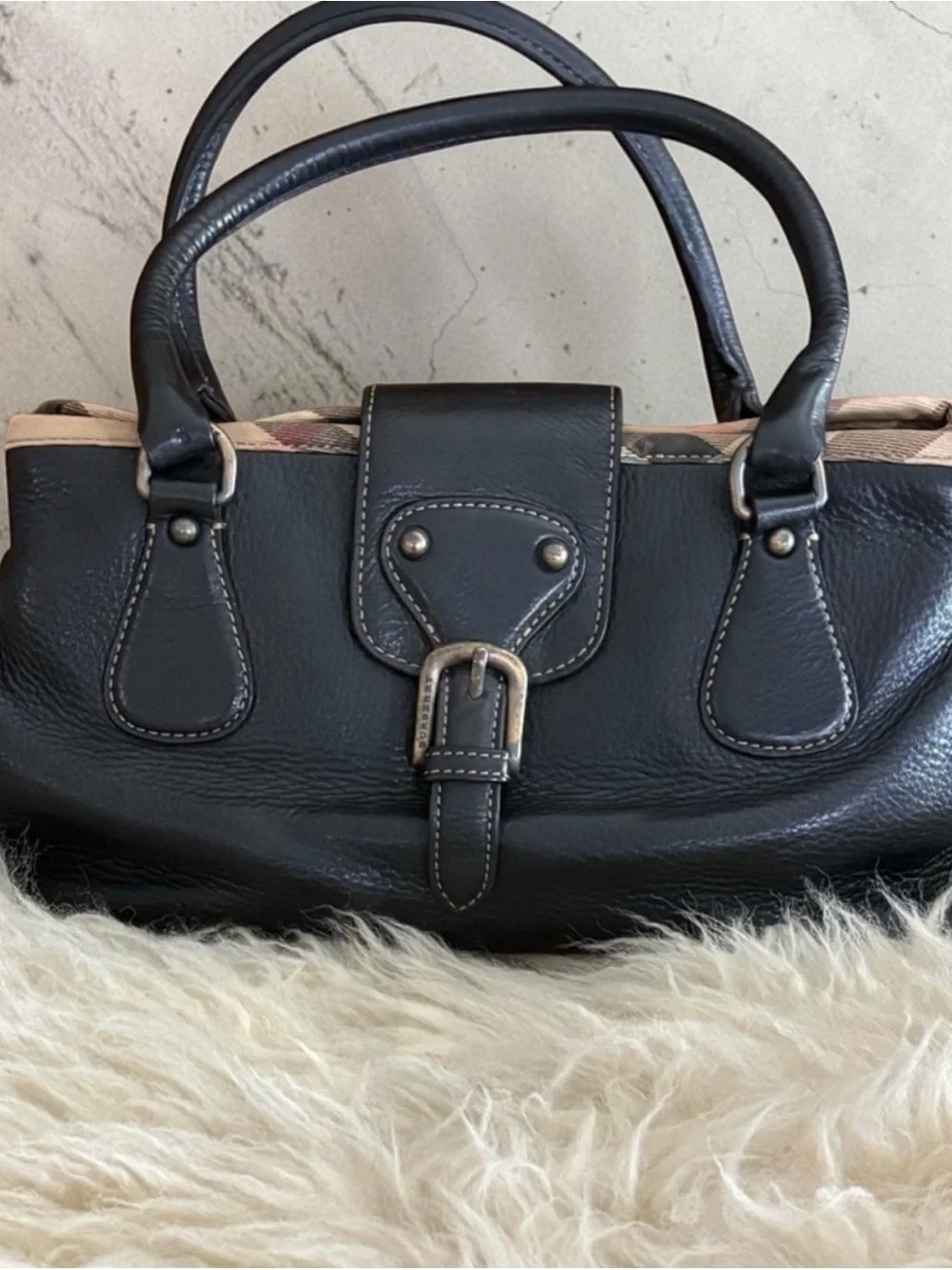Burberry Black Pebble Soft Leather Satchel Bag with Plaid Trim